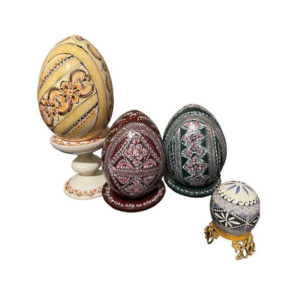 Set Of 4 Wooden Pysanky Collector Egg Colorful Geometric Design With Each Stand - Picture 10 of 15